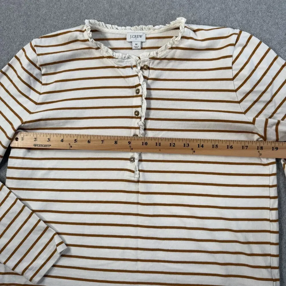 J.Crew Size Medium Striped Henley Ruffle Neck Long Sleeve Cotton Top BS211